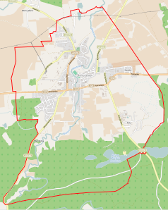 Mapa konturowa Skarszew, blisko centrum u góry znajduje się punkt z opisem „Parafia św. Maksymiliana Marii Kolbego”