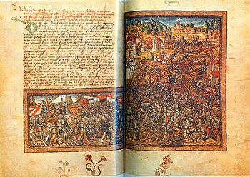 Darstellung der Schlacht bei Nancy in der Luzerner Chronik von Diebold Schilling d. J.