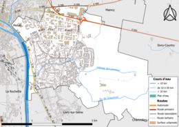 Carte en couleur présentant le réseau hydrographique de la commune