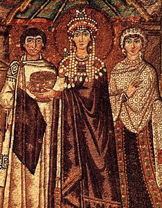 Theodora császárné, I. Jusztiniánusz felesége türoszi bíborba öltözve (6. század)