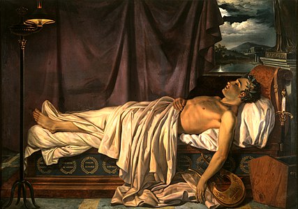 Lord Byron sur son lit de mort. par Joseph Denis Odevaer (1826)