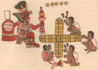 Macuilxochitl đang theo dõi trò chơi Patolli như được mô tả trên trang 048 của Codex Magliabechiano