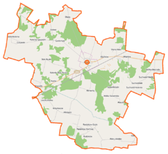Mapa konturowa gminy Mordy, w centrum znajduje się punkt z opisem „Mordy”