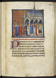 Carlos, bendecido por el obispo de Reims a su llegada a la catedral, ilustración del Libro de la coronación [livre de sacre] de Carlos V, del maestro homónimo 1365-1380.