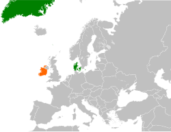 Map indicating locations of Denmark and Ireland