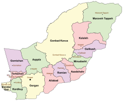 Location of Torkaman County in Golestan province (left, pink)