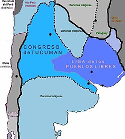 United Provinces in 1816, during both the Independence War and the Civil War. In lighter blue, the territories not under Independentist control. In darker shades, the Supreme Directorship loyalist provinces, and the Federal League provinces.