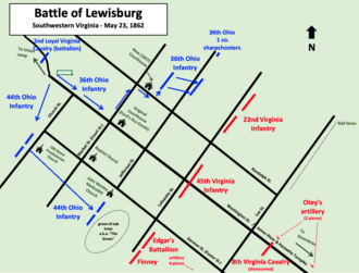 map showing Union positions on left and Confederate positions on right