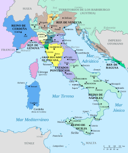Italia en 1733, antes de la guerra de sucesión polaca