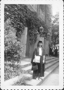 Black and white photograph of Violet Archer on graduation day at Yale University