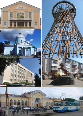 Counterclockwise (from upper right): Shukhov Tower, Myr Cinema, Ascension Cathedral, Konotop City Council Building, Monument of Horse, Konotop railway station and tram