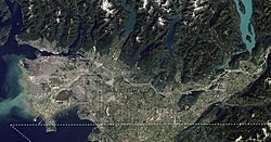 Landsat image of Fraser Valley. Sediment deposited by the Fraser River is clearly visible to the west.