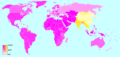 नक्शा "अब्रहमिक धर्म" (बैंगनी) और "भारतीय धर्म" प्रत्येक देश में (पीला) धर्मों के प्रसार को दर्शाता है।
