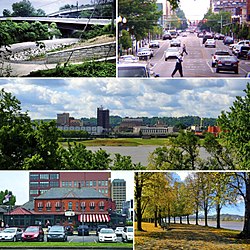 Clockwise: the Paul Ambrose Trail for Health (PATH), Fourth Avenue, the downtown skyline as seen from across the دریائے اوہائیو, Harris Riverfront Park, and the Huntington Welcome Center at Heritage Station.