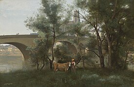 Mantes, les bords de la Seine au pied du pont, vers 1842 Collection privée, Vente 2011.