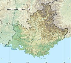 Mapa konturowa regionu Prowansja-Alpy-Lazurowe Wybrzeże, na dole nieco na lewo znajduje się punkt z opisem „Marsylia”