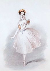 Sketch of a female ballet dancer posing en pointe in a mid-length, white dress; her hair and bodice are covered in orange flowers