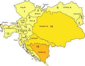 Austro-Ungaria în sec. 20 – Țările Coroanei Maghiare sunt 16 (Regatul Ungariei) și 17 Regatul Croației și Slavoniei; 18 este Condominiul Bosnia și Herțegovina, iar restul e Cisleithania