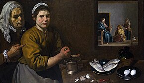 Olejomalba zobrazuje dvě ženy v interiéru kuchyně, kde připravují jídlo. Starší žena vlevo v obraze, oblečená do bílého šátku a tmavého šatu, ukazuje na menší obraz či průhled na stěně, zobrazující scénu s třemi diskutujícími postavami. Mladší žena stojící napravo od starší má na sobě žlutý svršek a tmavou sukní a v ruce drží kuchyňské náčiní. Na stole před ní leží miska s rybami a talíř s vejci.