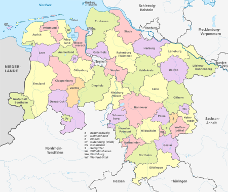 Map of Lower Saxony with the district boundaries