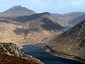 View of Ben Crom (centre), Silent Valley Reservoir (bottom) and Ben Crom Reservoir (top right) from Slievenaglogh. Slieve Bearnagh is in the top left of the photo.