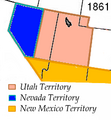 Image 63The Nevada 1861 territory boundary (blue) changed three times: 1864 statehood shifted eastern border from 39th to 38th meridian, 1866 May 5; east border (pink) moved eastward 53.3 mi (85.8 km), from the 38th to 37th meridian, and 1867 January 18; south boundary (yellow) moved from the 37th parallel north southward to the current boundary (14 Stat. 43) (from History of Nevada)