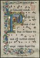 Một tờ kiểu Gothic trong thánh ca Bậc: Chữ P khởi đầu trong câu Puer natus... của bài thánh ca trong Lễ Thánh đản; 1495; mực, màu keo và vàng trên giấy da mịn; mỗi tờ 59,8 × 4,1 cm; Bảo tàng Nghệ thuật Cleveland.