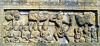 Baixo a médio relevo, século 9, Borobudur. O templo tem 1 460 painéis de relevos narrando escrituras budistas.