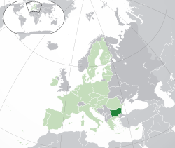Местоположбата на  Бугарија  (зелено) – на Европскиот континент  (светлозелено и сиво) – во Европската Унија  (светлозелено)  —  [Легенда]
