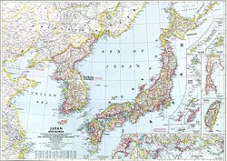 1945 National Geographic map of Korea, showing Japanese placenames and provincial boundaries