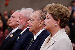 De presidenten Temer, Lula, Sarney en Rousseff (v.l.n.r.) (2022), Isac Nóbrega/PR