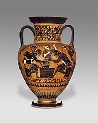 Athena đang giám sát Achilles và Ajax chơi board game, Attic Black-figure Neck Amphora, năm 510 TCN