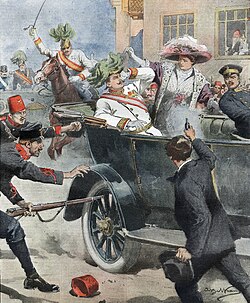 Dobová ilustrace atentátu, která se objevila v italských novinách Domenica del Corriere dne 12. července 1914