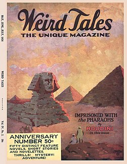 Capa da revista pulp Weird Tales, da edição de maio/junho/julho de 1924. Weird Tales é uma revista pulp americana de fantasia e ficção de terror fundada por JC Henneberger e JM Lansinger no final de 1922. A primeira edição, datada de março de 1923, apareceu nas bancas em 18 de fevereiro, mas dentro de um ano, a revista estava com problemas financeiros. Com Farnsworth Wright como o novo editor, a revista teve mais sucesso e, apesar de ocasionais contratempos financeiros, prosperou nos 15 anos seguintes. Sob o controle de Wright, a revista fez jus ao seu subtítulo, “The Unique Magazine”, e publicou uma ampla gama de ficção incomum. (definição 2 852 × 2 852)