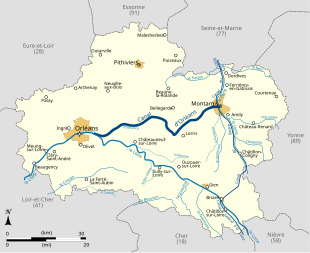 Carte du département du Loiret présentant le système hydrographique principal du Loiret représenté par un triangle d’eau : la Loire et ses affluents formant un des côtés du triangle de Orléans à Briare, le canal de Briare et le Loing et ses affluents formant le côté est vertical du triangle, de Briare à Montargis, et enfin le canal d’Orléans formant le troisième côté du triangle, de Montargis à Orléans