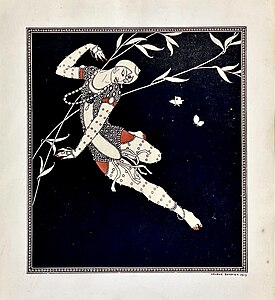 Exotismul companiei de balet Ballets Russes a avut o influență puternică asupra Deco-ului timpuriu. Un desen cu dansatorul Vaslav Nijinsky făcut de ilustratorul de modă parizian Georges Barbier (1913)