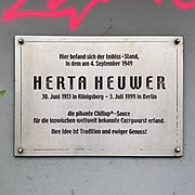 Plaque in Charlottenburg, Berlin, where Herta Heuwer is said to have invented the currywurst
