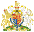 Singa Inggris dan unikorn Skotlandia sebagai penopang lambang kebesaran Kerajaan Inggris Raya yang digunakan di Inggris, Wales, dan Irlandia Utara (singa di sebelah kanan-heraldik)