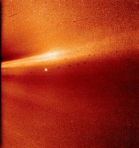 Photo from the WISPR shows a coronal streamer, seen over the east limb of the Sun on Nov. 8, 2018, at 1:12 a.m. EST. The fine structure of the streamer is very clear, with at least two rays visible. Parker Solar Probe was about 16.9 million miles from the Sun's surface when this image was taken. The bright object near the center of the image is Mercury, and the dark spots are a result of background correction.[9]