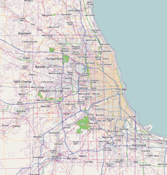 Mapa konturowa Chicago, po prawej nieco na dole znajduje się punkt z opisem „Uniwersytet Chicagowski”
