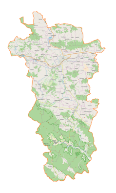 Mapa konturowa powiatu jasielskiego, blisko centrum na prawo znajduje się punkt z opisem „Nowy Żmigród”