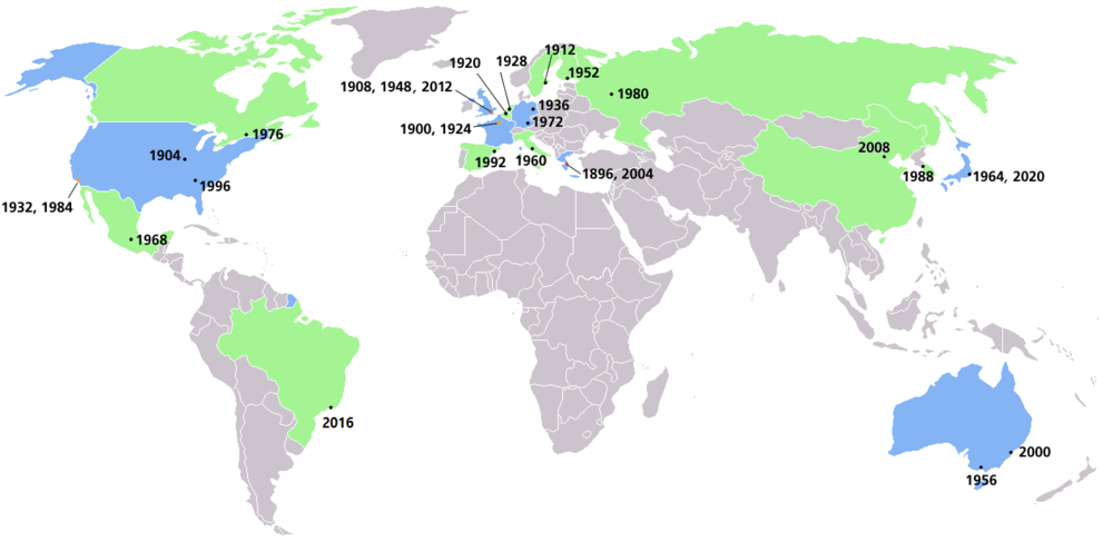 歷屆現代夏季奧運會舉辦地位置示意圖。舉辦過一次夏季奧運會的國家用綠色表示，舉辦過兩次及以上夏季奧運會的國家用藍色表示。未來夏季奧運會用斜體表示（2024年、2028年）。