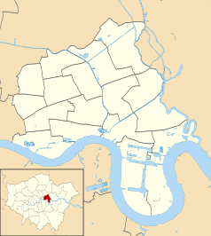 Mapa konturowa gminy Tower Hamlets, po lewej nieco u góry znajduje się punkt z opisem „Bethnal Green”