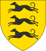 A coat of arms showing three black dogs on a field of yellow.