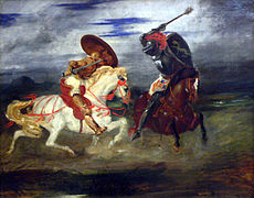Combat de chevaliers dans la campagne reconstrucción romántico-historicista de un combate medieval, de Delacroix (1824).