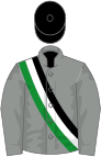 Grey, black, white and green sash, black cap