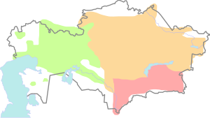 Примерные территории кочевых жузов в начале XX века. Старший жуз (обозначен розовым цветом), Средний жуз (оранжевым), Младший жуз (зелёным)[1].