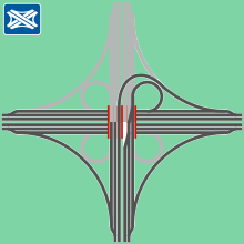 „Trompete“, vor dem Ausbau zum vollen Kleeblatt, angewendet an den Autobahnkreuzen Ratingen-Ost, Dortmund-Nordwest und am Seligenstädter Dreieck
