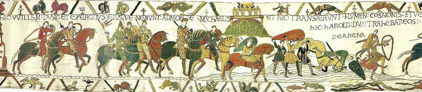 Escenes 16 i 17 del Tapís de Bayeux: Guillem I d'Anglaterra i Harald III de Noruega al Mont Saint-Michel (al centre superior) durant la conquesta normanda d'Anglaterra; Harald rescatant els cavallers dels sorramolls. segle xi