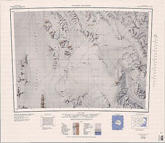 Karte der Freyberg Mountains und des Evans-Firnfeldes von 1967, in der nordöstlichen Ecke die Monteath Hills